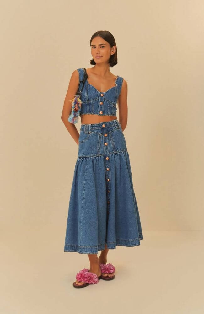 Saia Jeans Midi Godê- FARM    