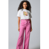 Calça Jeans Wide Cós Alto Rosa