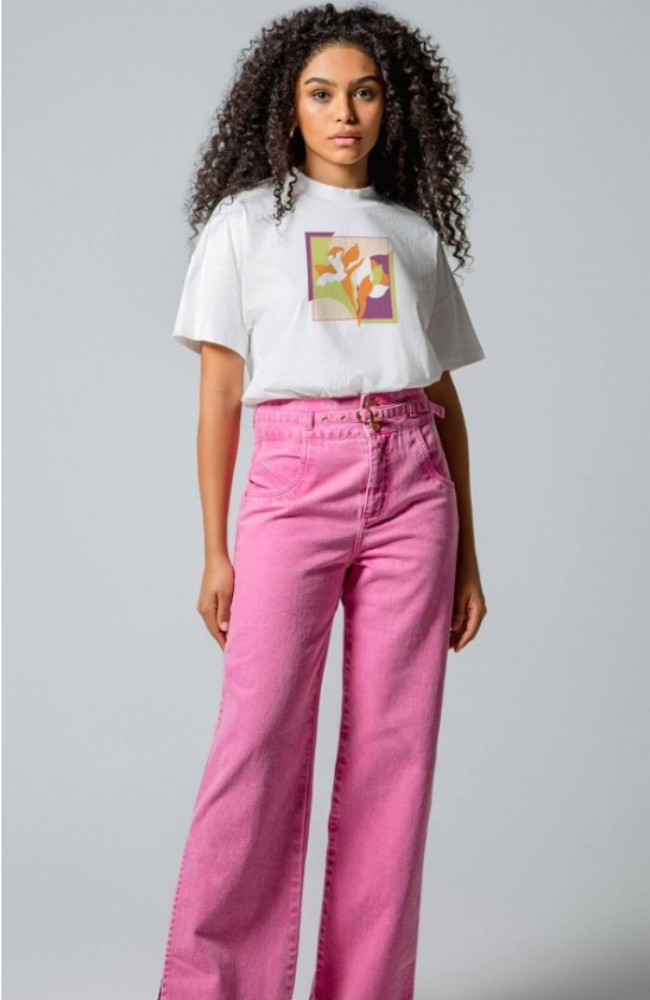 Calça Jeans Wide Cós Alto Rosa