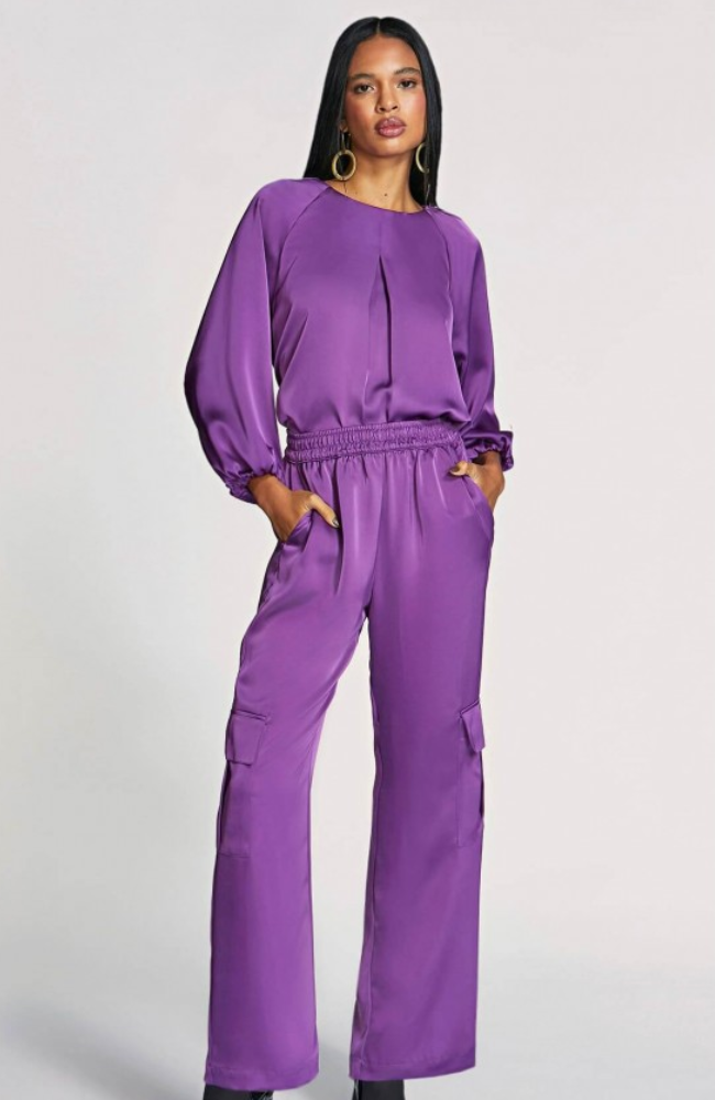 Calça Cargo Com Elástico Roxo e Laranja